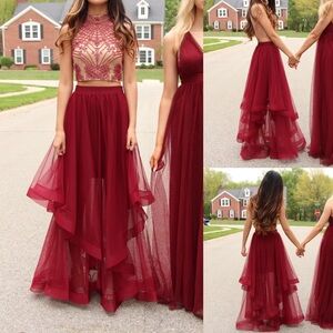 Used Once Blondie Nites 2-Piece Beaded Layered Wine Color Formal Dress (Size 1)